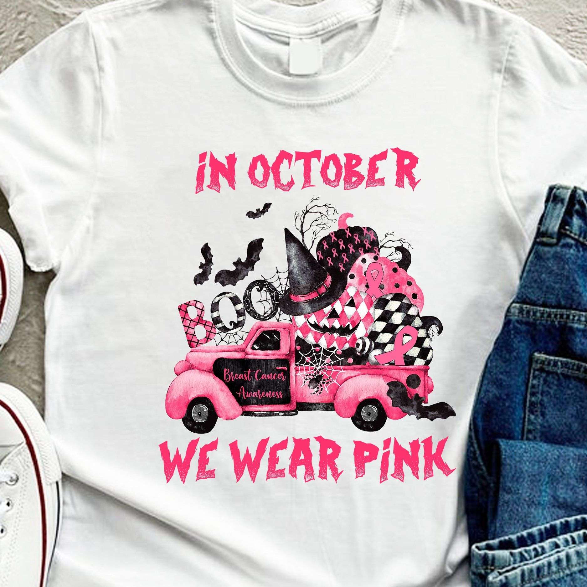 In October we wear pink - Breast cancer awareness, Pink pumpkin, Halloween boo costume