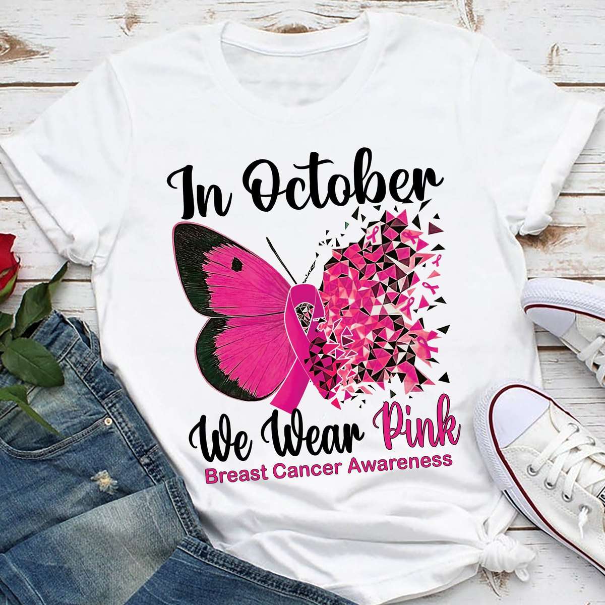 In October we wear pink - Breast cancer awareness, butterfly ribbon, cancer warrior