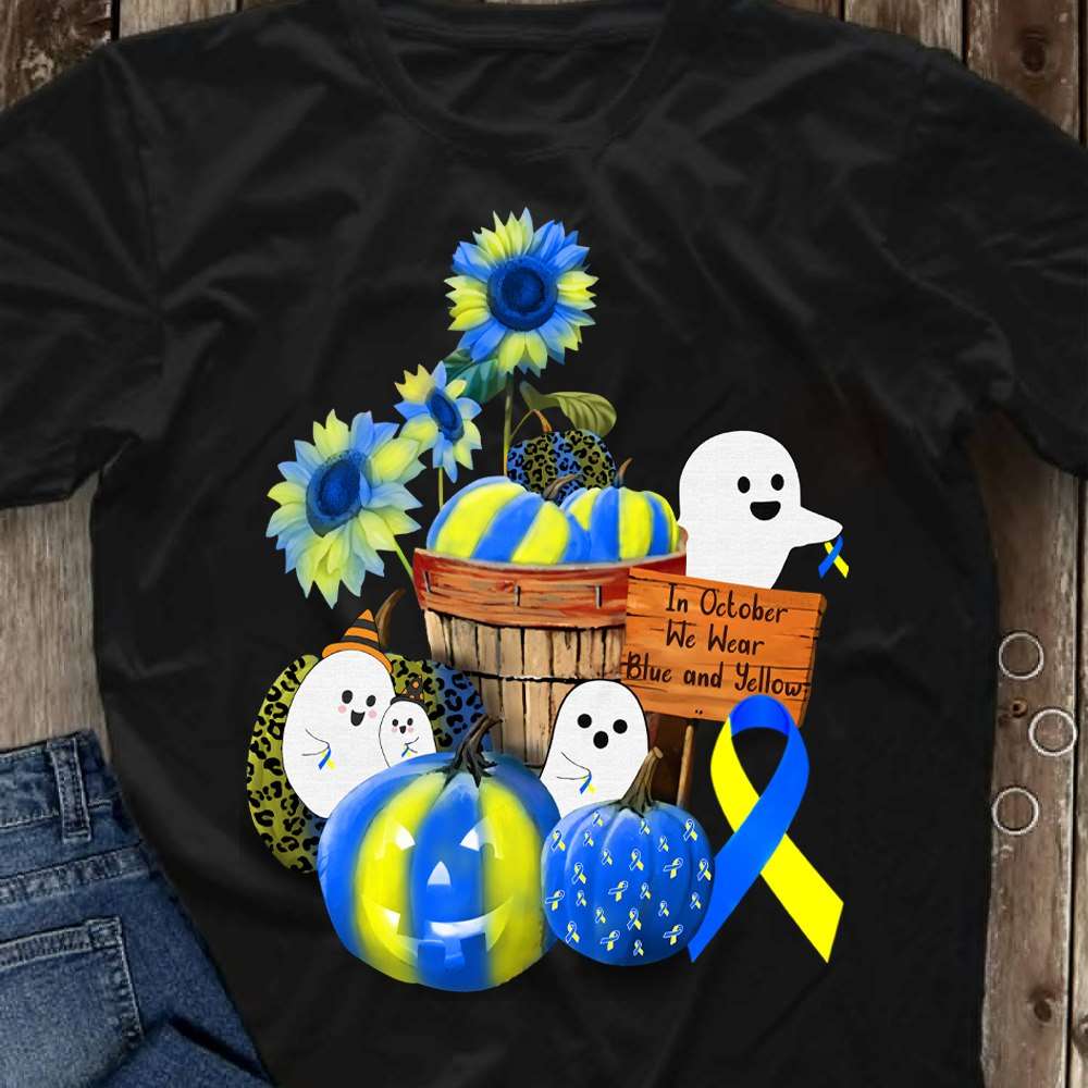 In october we wear blue and yellow - White boo devil pumpkin, Down Syndrome Awareness
