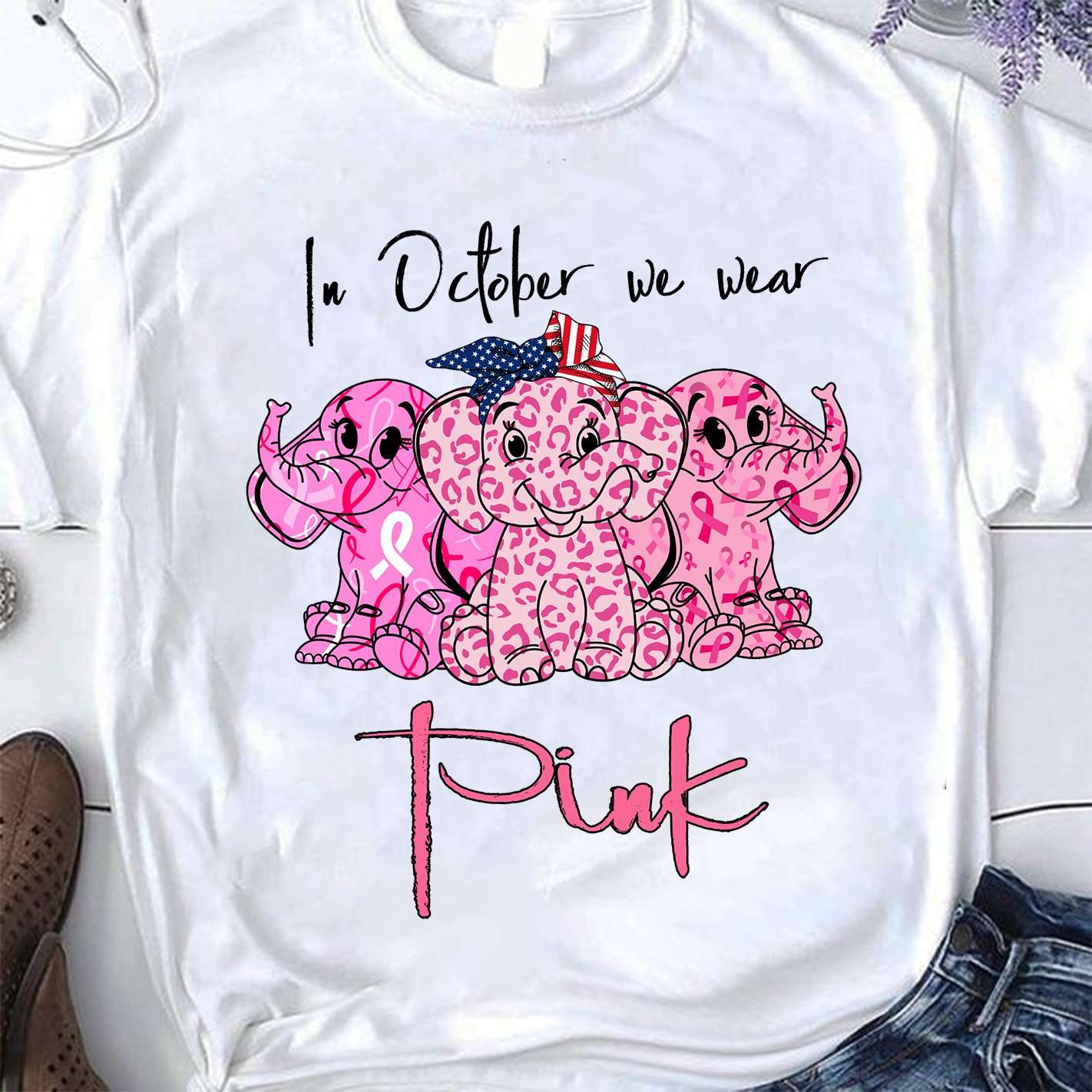 In october we wear pink - Elephant cancer ribbon, cancer awareness