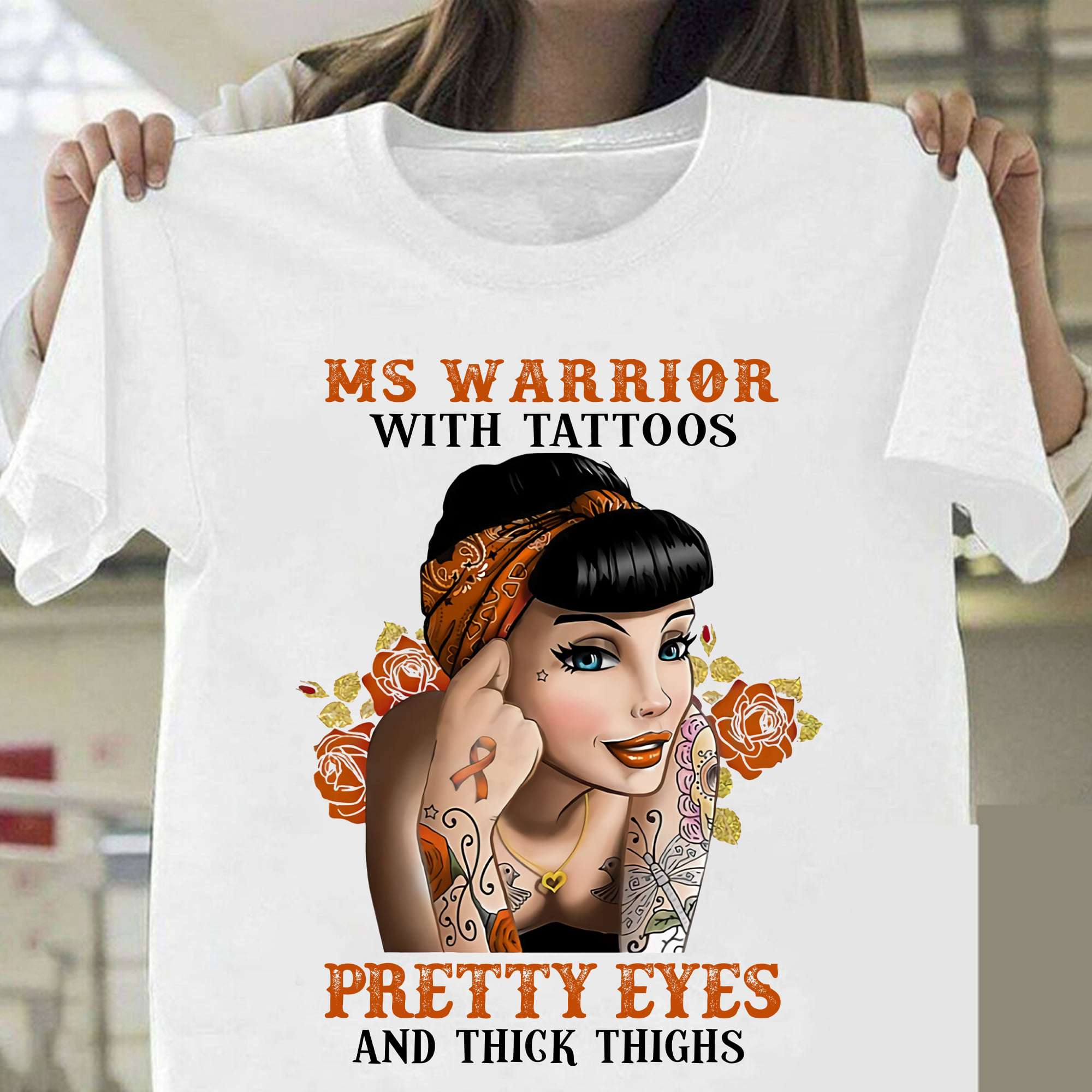 MS warrior with tattoos, pretty eyes and thick thighs - Tattoo MS woman, multiple sclerosis awareness