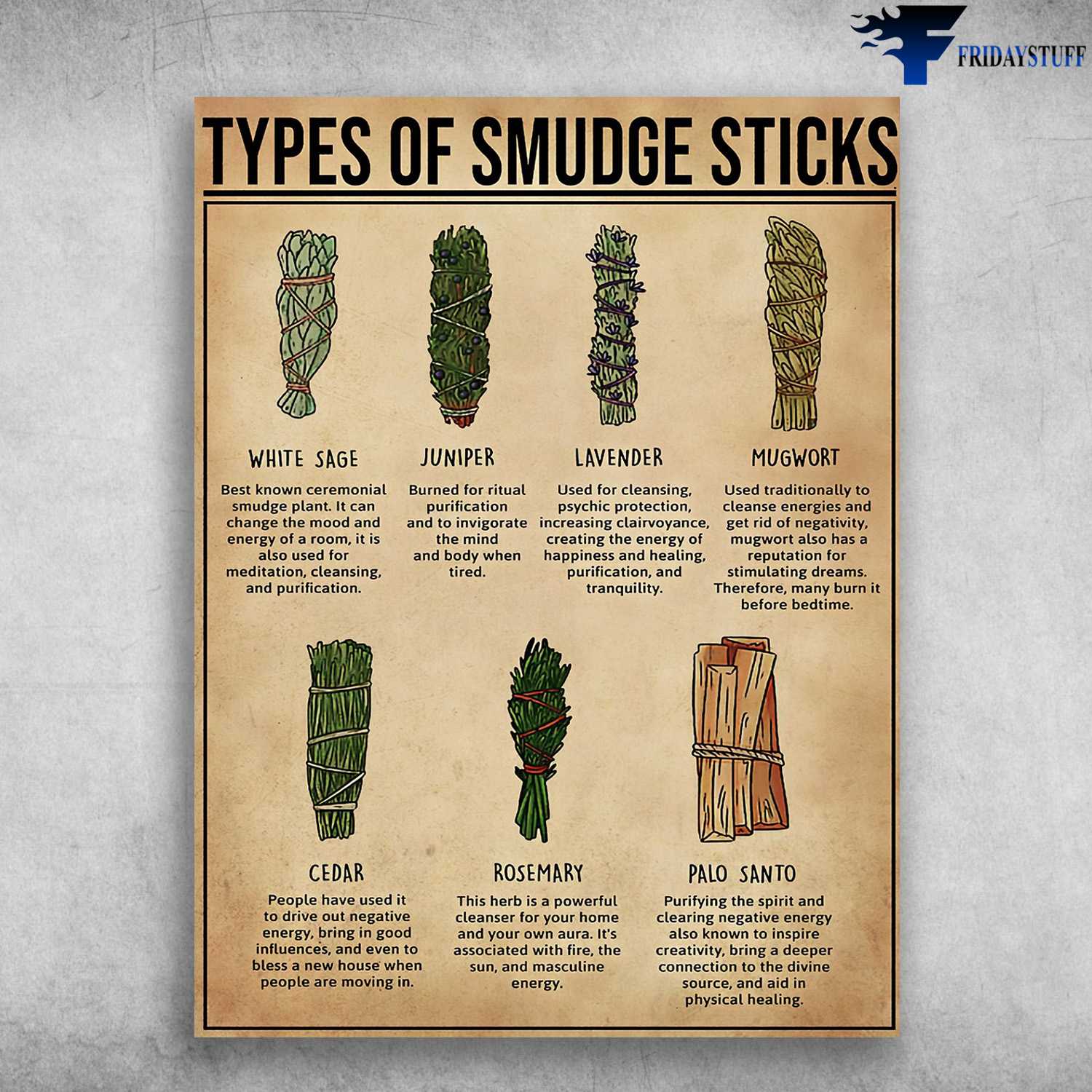 Types Of Smudge Sticks, Smudge Sticks Knowledge - White Sage, Juniper, Lavender, Mugwort, Cedar, Rosemary, Palo Santo