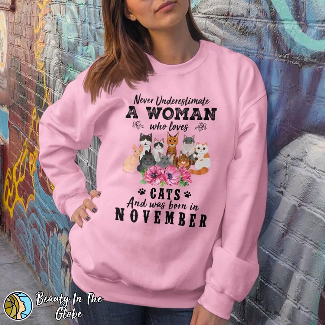 November Birthday Woman, Cat Graphic t-shirt - Never underestimate a woman who loves cats and was born in november
