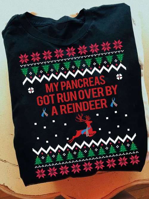 Diabetes Reindeer, Brocade pattern t-shirt - My pancreas go run over by a reindeer