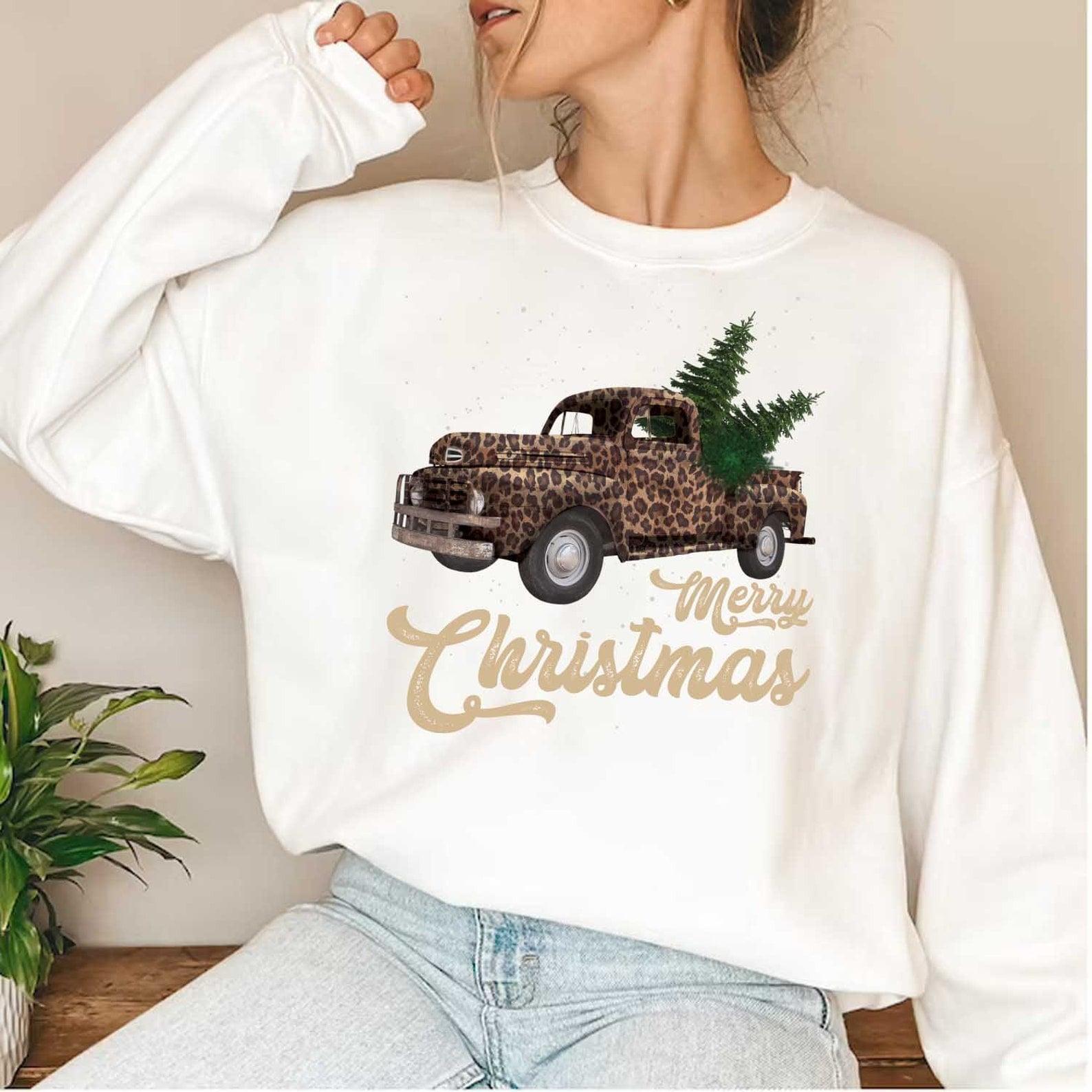Leopard Print Tractor, Christmas Tree, Ugly Sweater - Merry Christmas