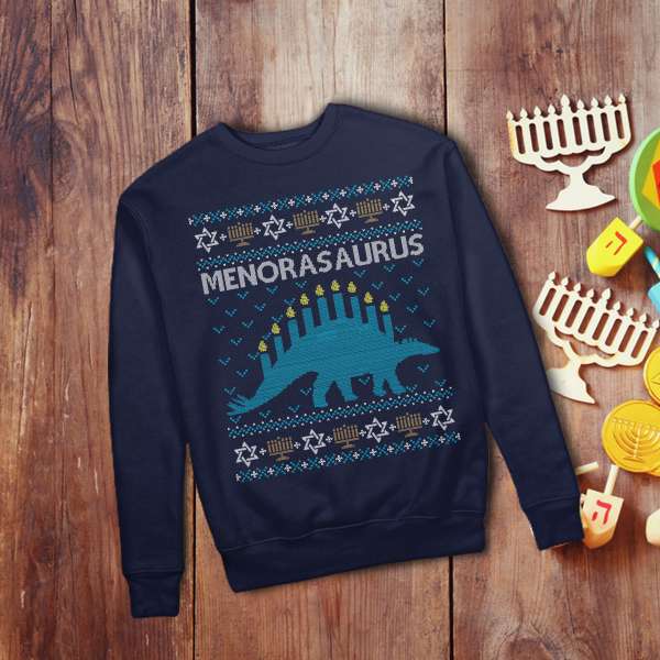 Hanukkah Ugly Sweater, Menorah Stegosaurus Mens Sweatshirt - Menorasaurus