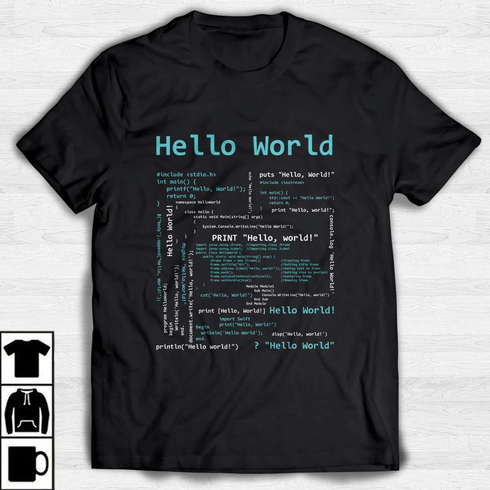 Programmer with short sleeves t-shirt - Hello world code