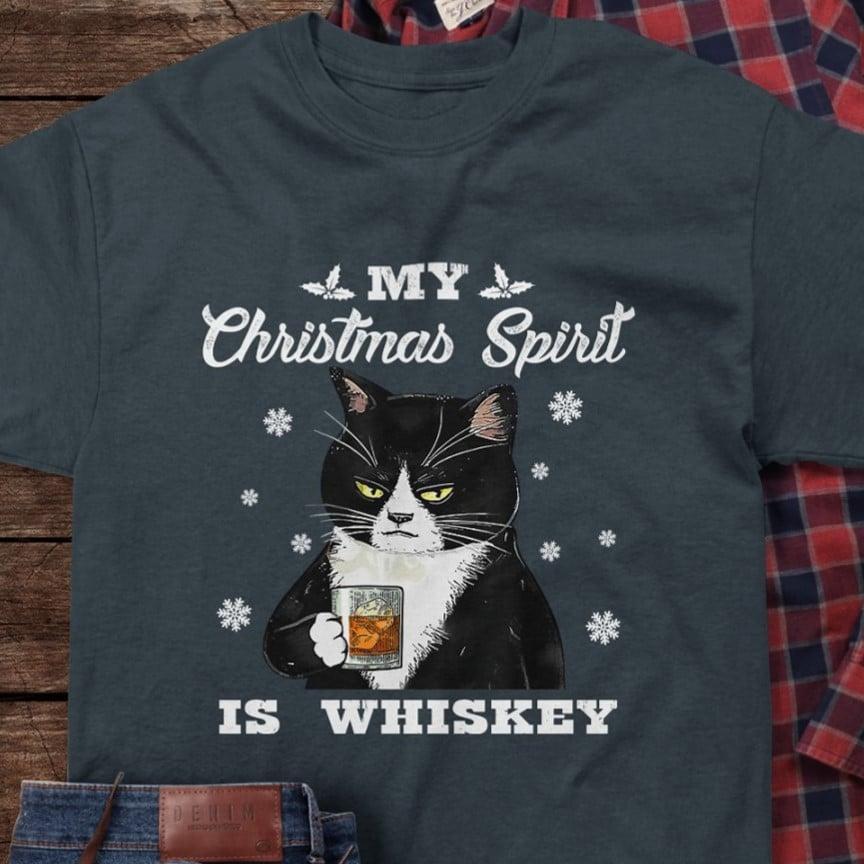 Black Cat And Whiskey Glass - My christmas spirit is whiskey