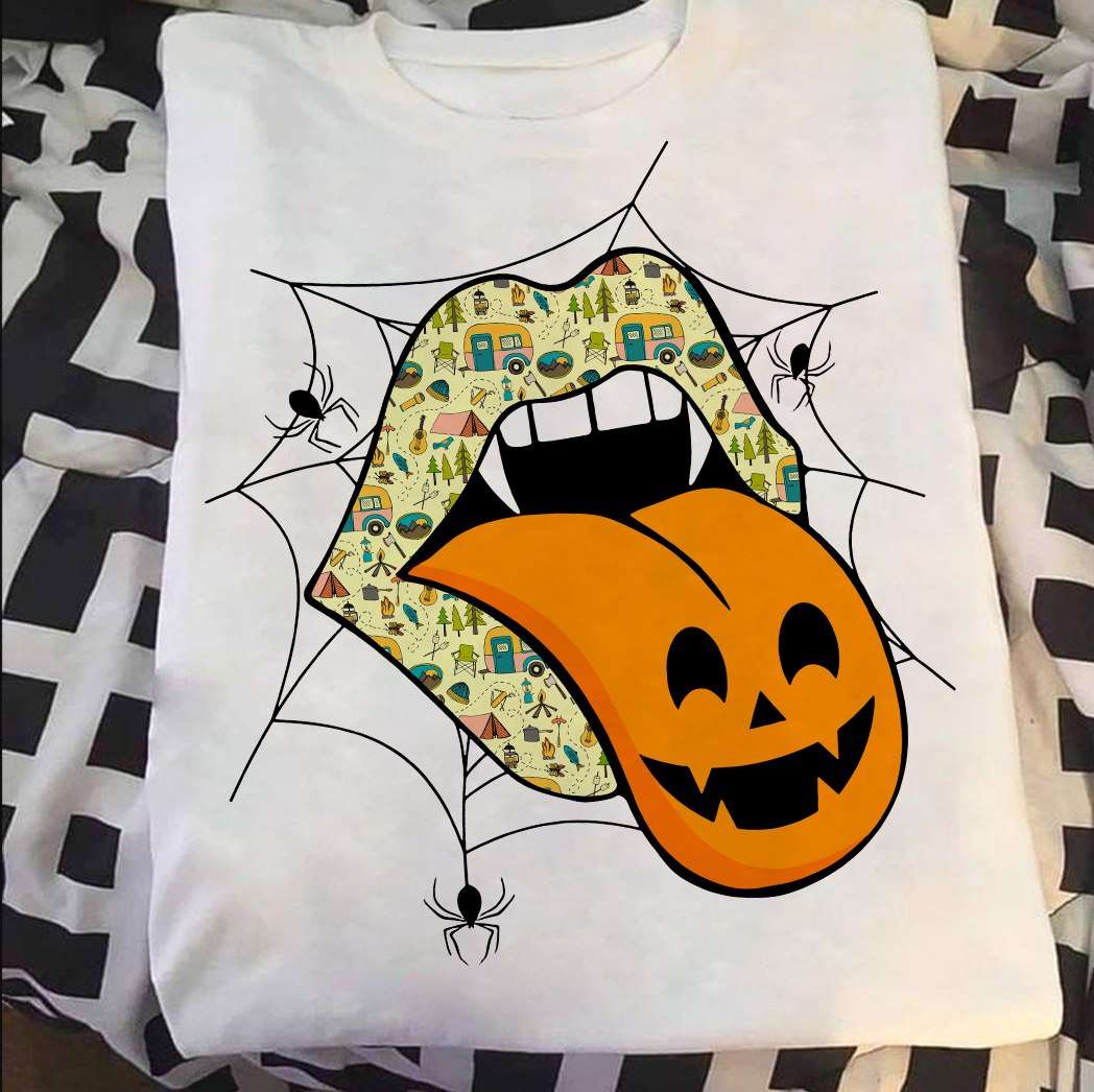 Spooky Tongue Mouth, Camping Graphic T-shirt - Halloween Costume