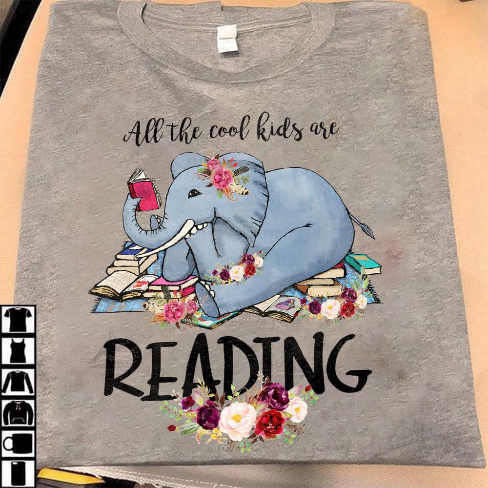 All the cool kids are reading - Elephant reading books, gift for book reader