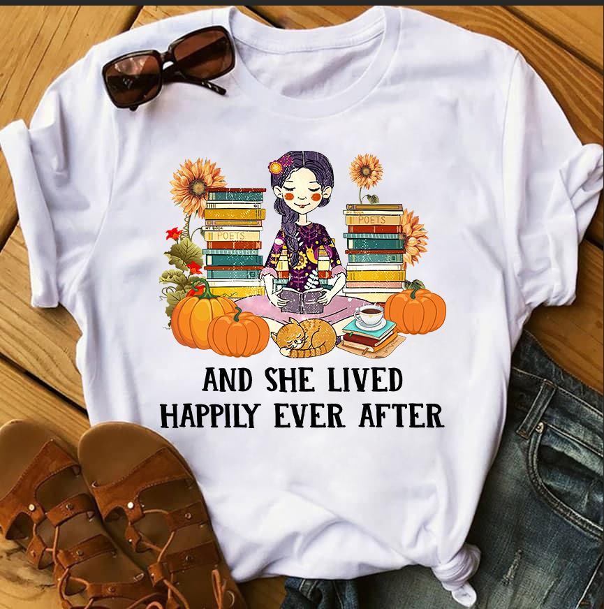 And she lived happily ever after - Girl reading books, happy with books, books and pumpkins