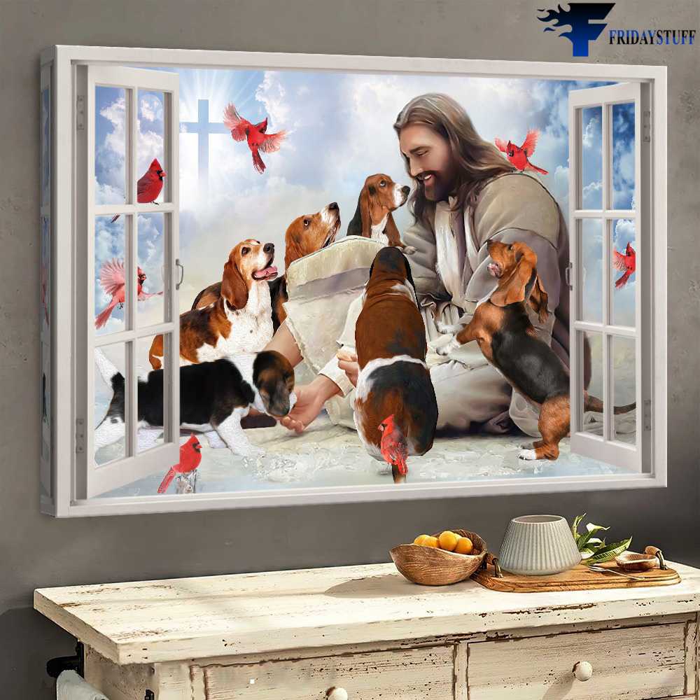 Basset Hound, Dog Lover, God And Dog, Cardinal Bird, Window Poster, Jesus Dog Lover