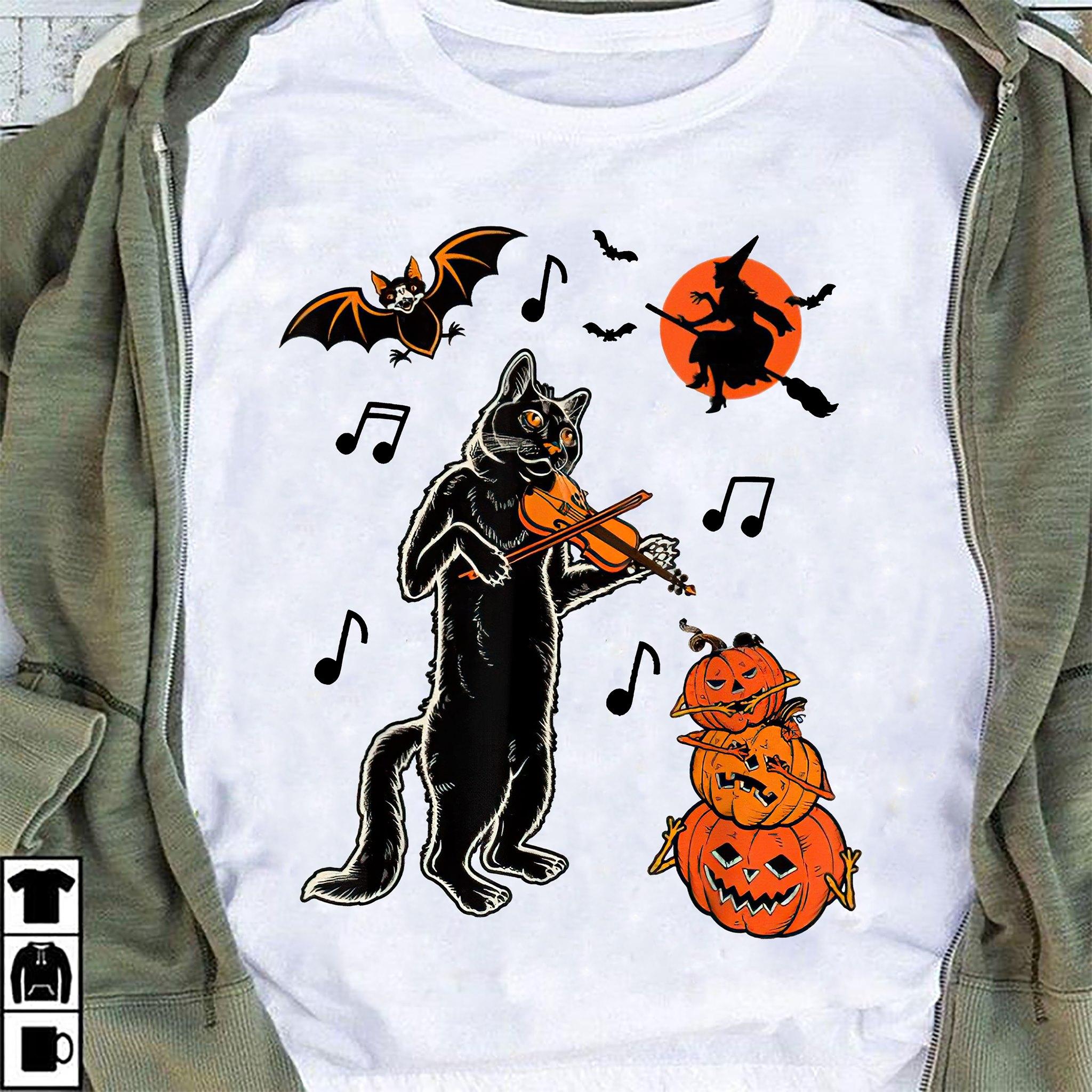 Cat playing violin - Halloween devil pumpkin, Black witch black cat