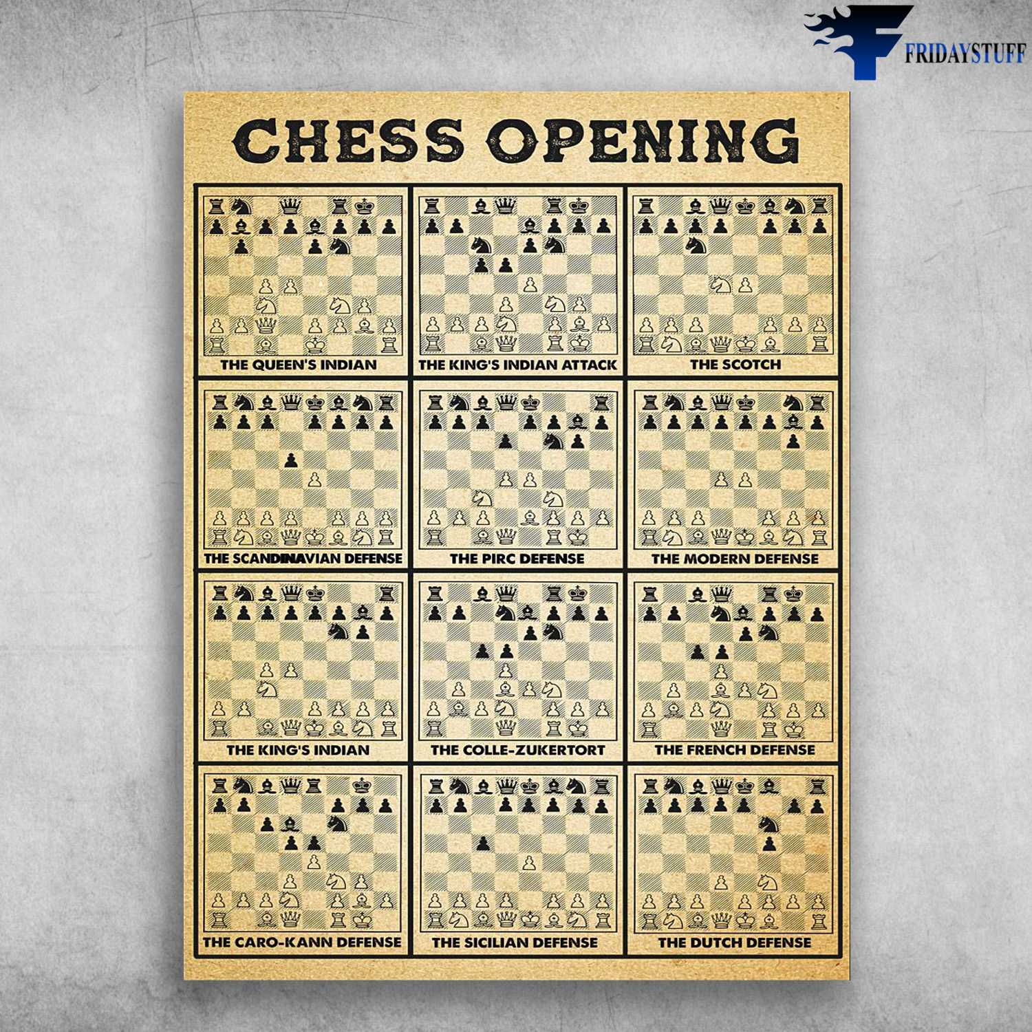 Chess Poster, Chess Lover - Chess Opening, The Queen's Indian, The King's Indian Attack, The Scotch, The Pirc Defense