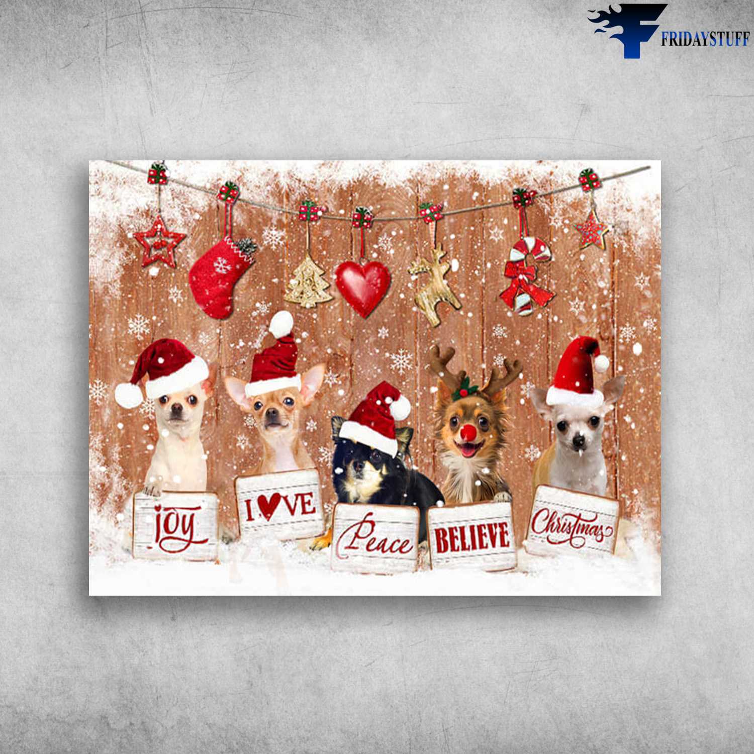 Chihuahua Dog, Christmas Poster - Joy Love Peace Believe Christmas