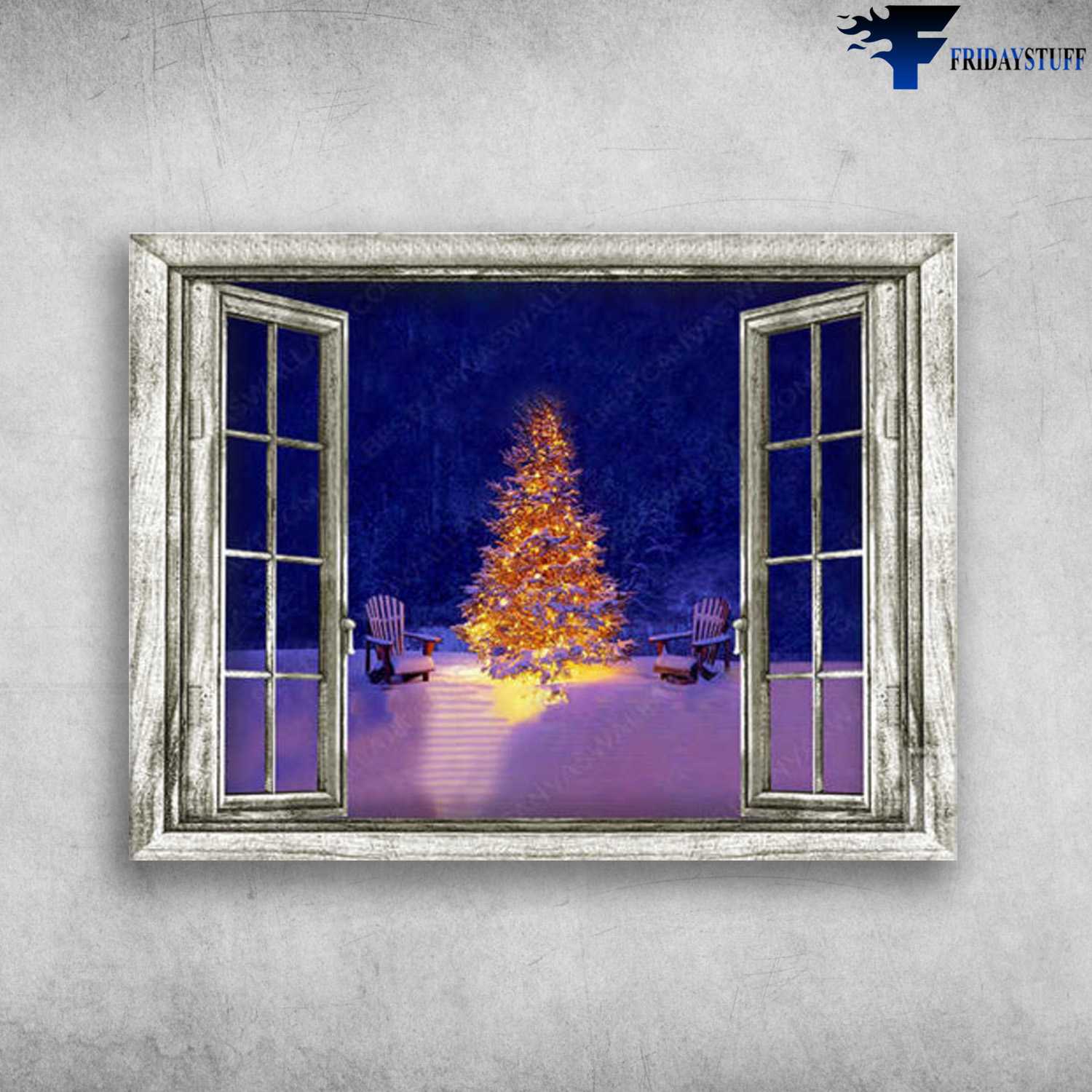 Christmas Canvas, Lighted Pine Tree, Window Poster