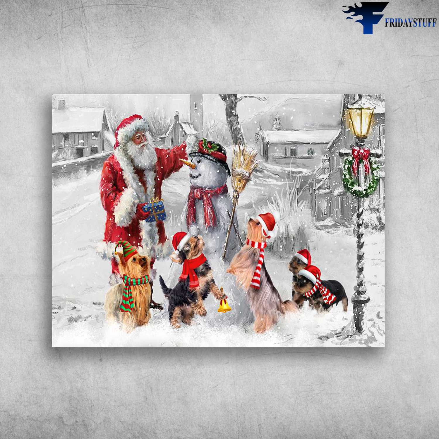 Christmas Poster, Dog Lover, Yorkshire Terriers Dog, Santa Claus