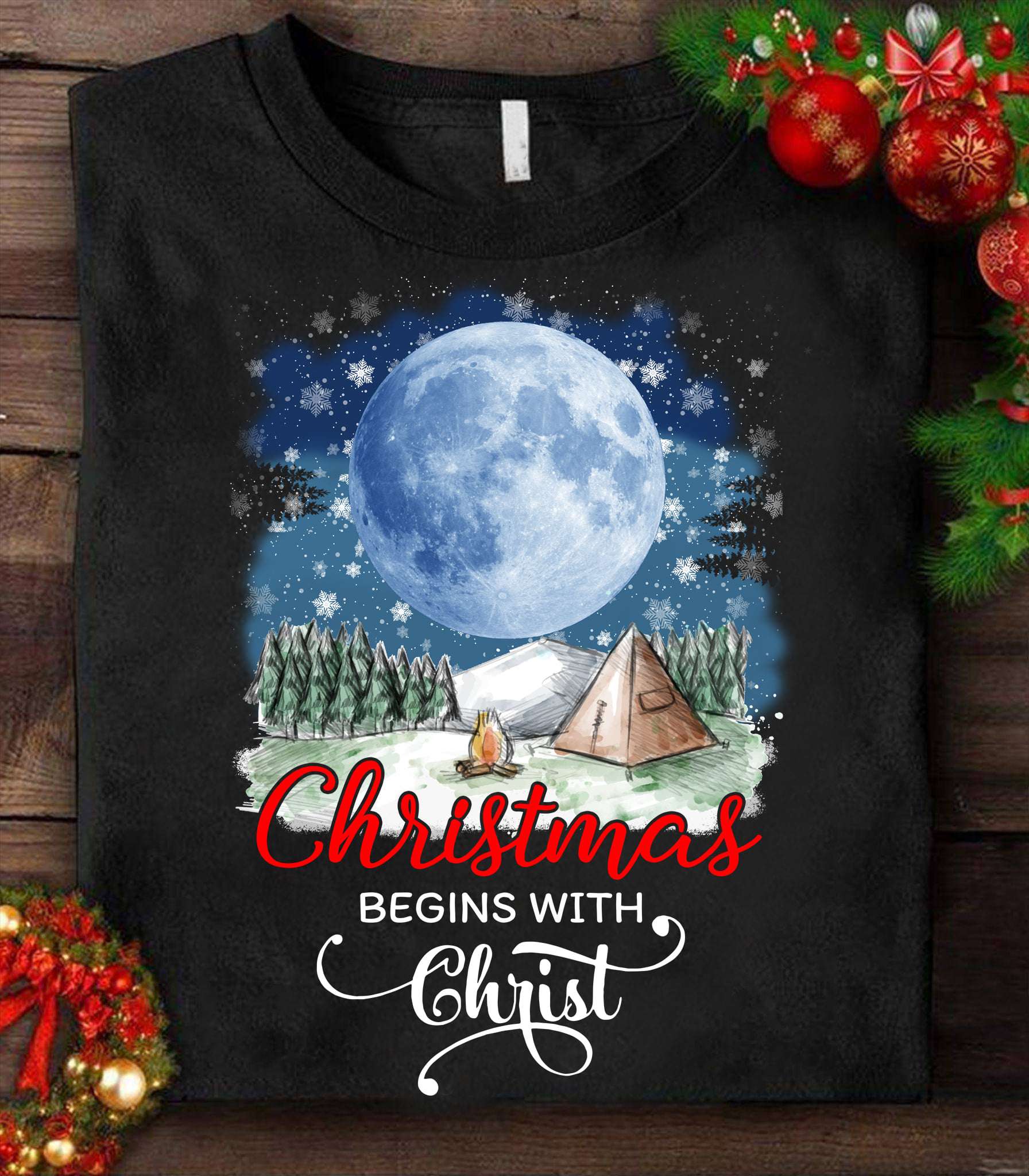 Christmas begin with Christ - Camping during winter, Christmas day ugly sweater
