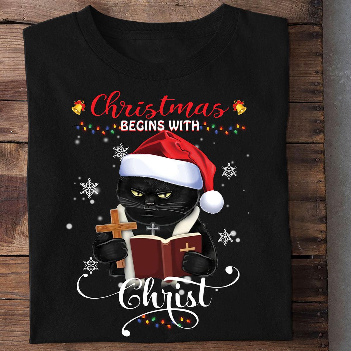 Christmas begins with Christ - Cat with Holy Bible, Jesus for Christmas, Ugly sweater gift