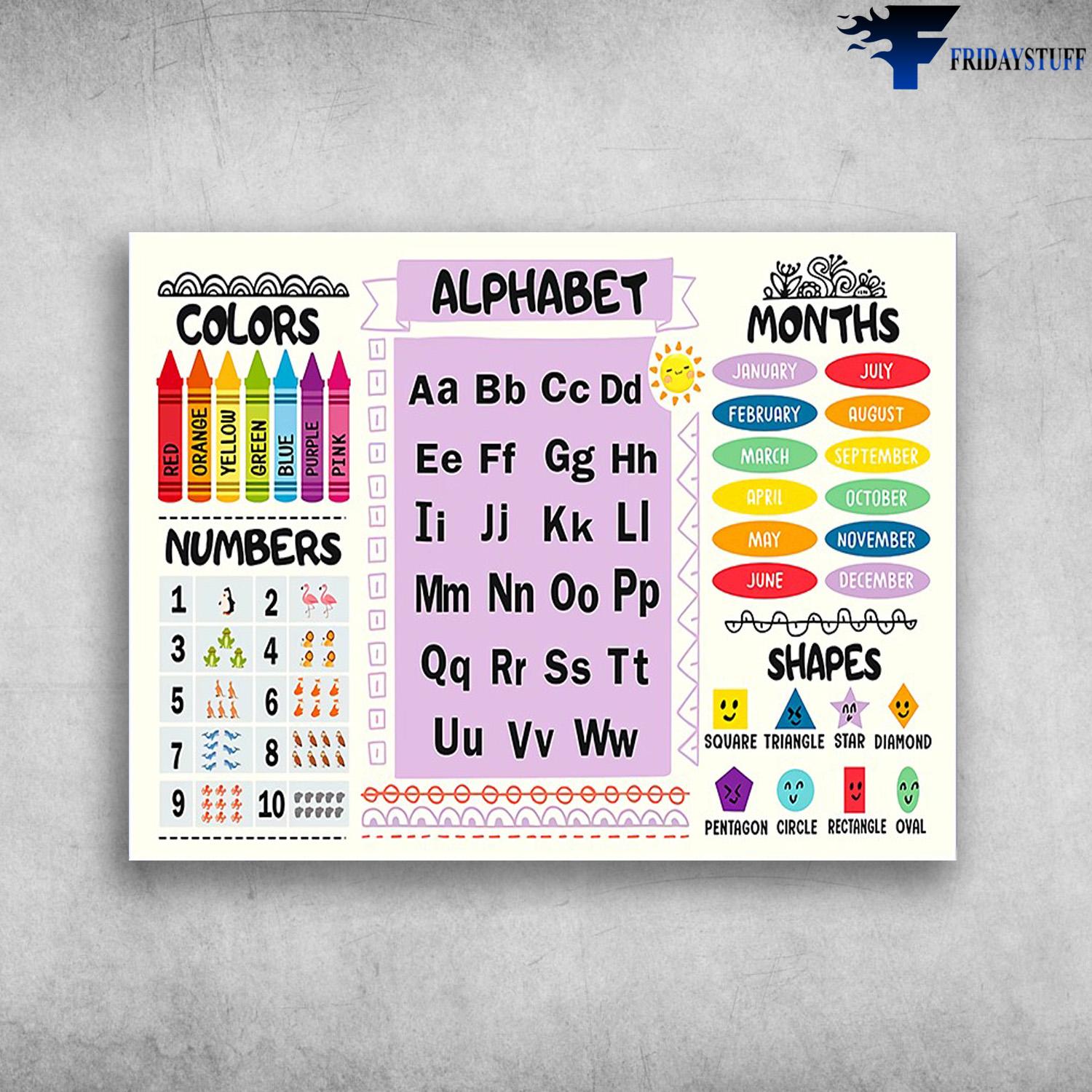 Classroom Poster, Colors, Number, Alphbet, Months, Shapes