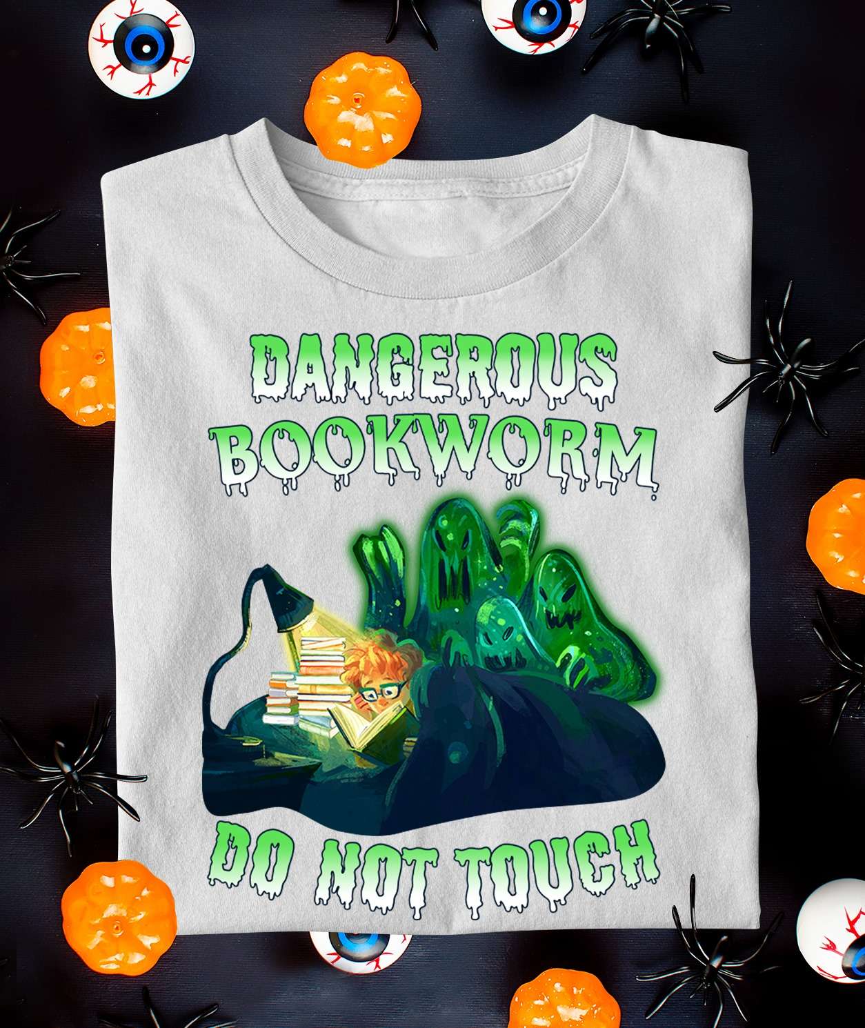 Dangerous bookworm, do not touch - Halloween scary ghost, boy reading books