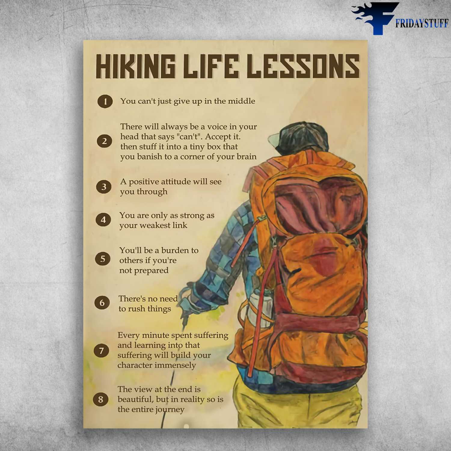 Hiking Poster, Hiking Life Lessons - You Can't Just Give Up In The Middle, There Will Always Be A Voice, In Your Head, That Says Can't, A Positive Attitude Will See You Through