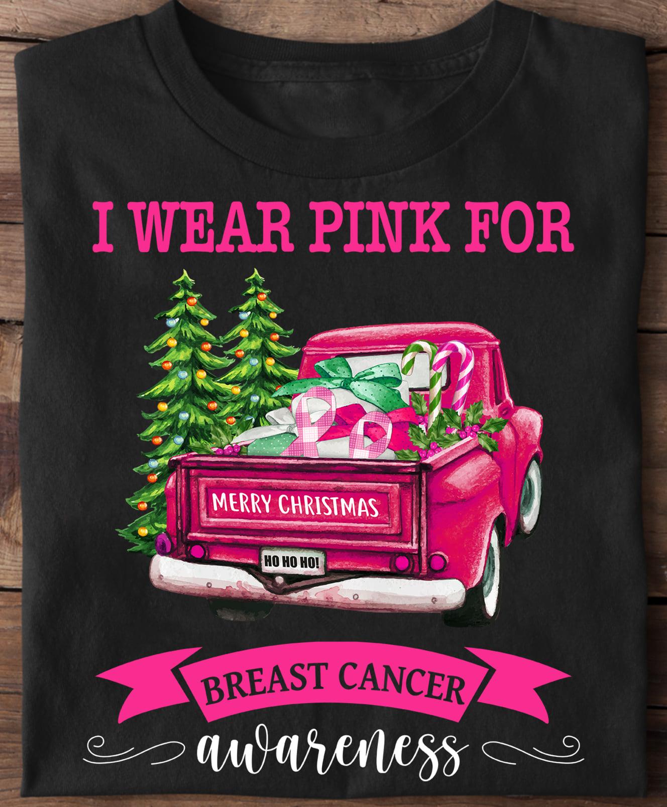 I wear pink for Breast cancer awareness - Merry Christmas pink truck, Christmas ugly sweater