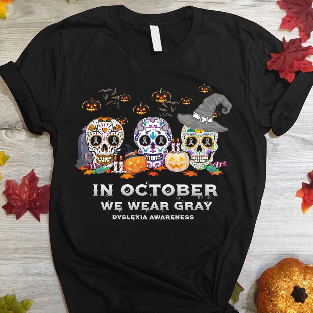 In October we wear gray - Dyslexia awareness, Halloween skull ribbon