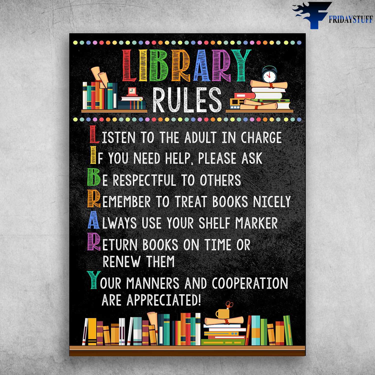 Library Poster, Book Lover - Library Rules, Listen To The Adult In Charge, If You Help, Please Ask, Be Respectful To Other