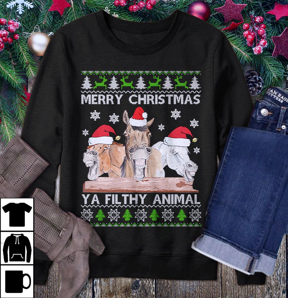 Merry Christmas ya filthy animal - Funny horse graphic T-shirt, horse wearing Santa hat
