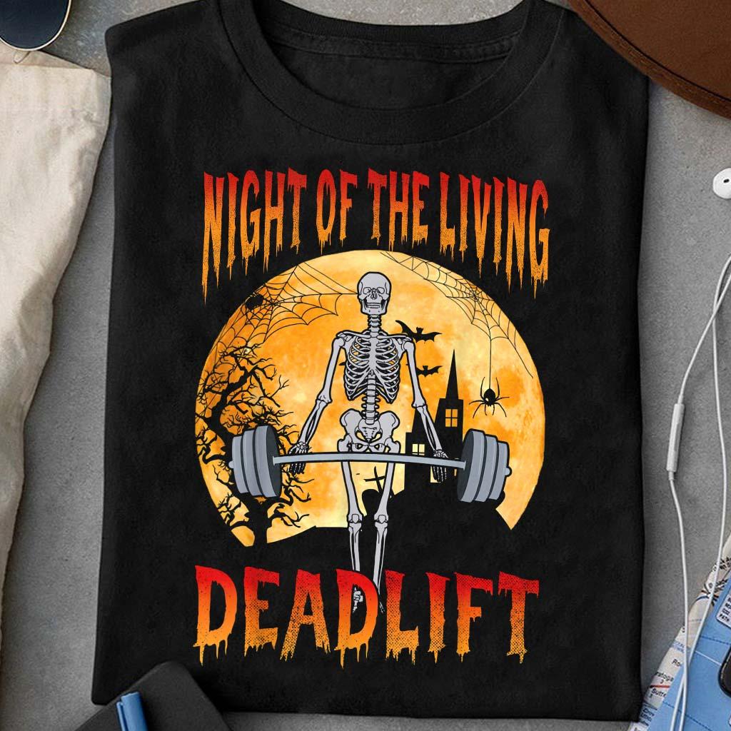 Night of the living deadlift - Halloween skull costume, skull lifting weights