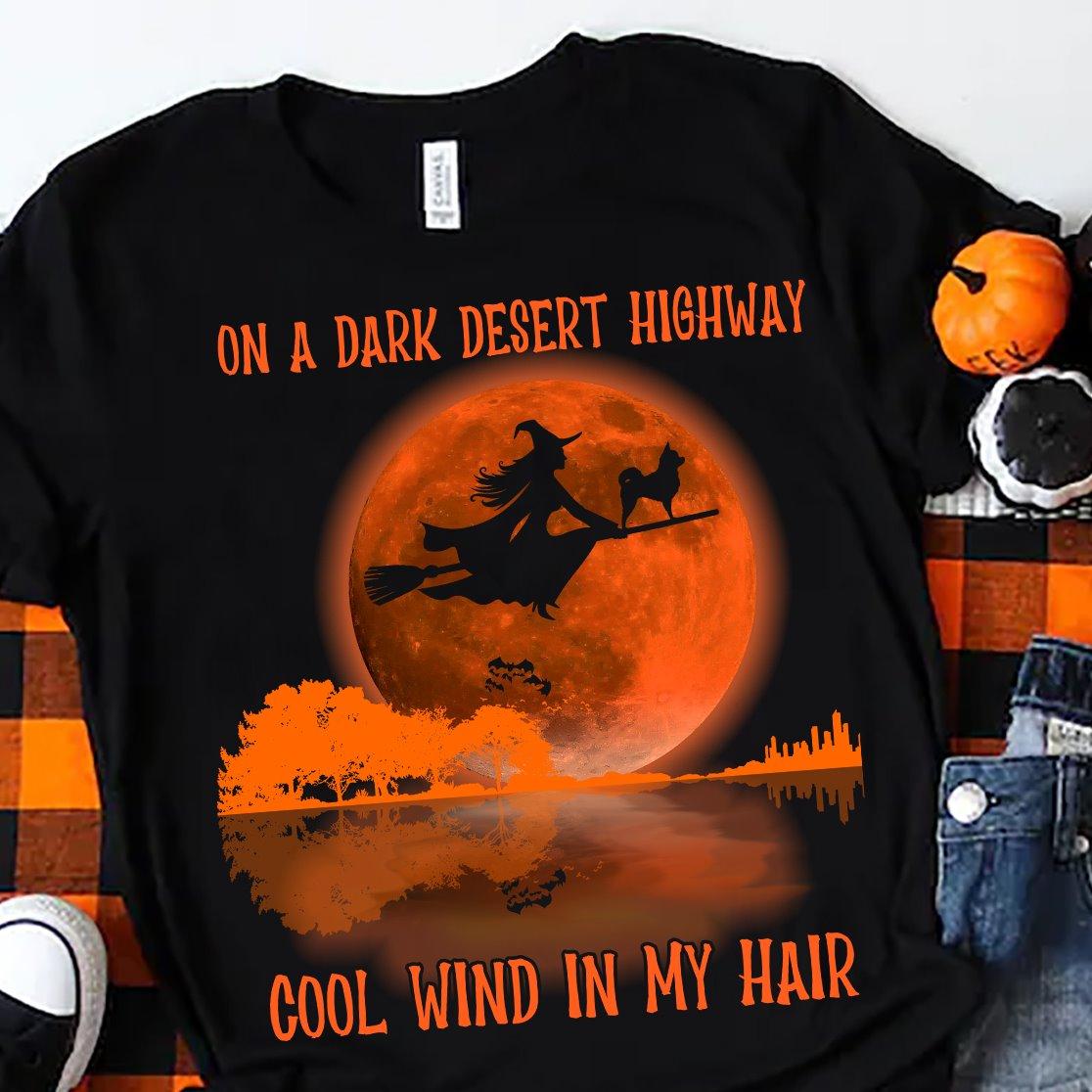 On a dark desert highway cool wind in my hair - Halloween witch broom, Witch riding boom, witch and dog