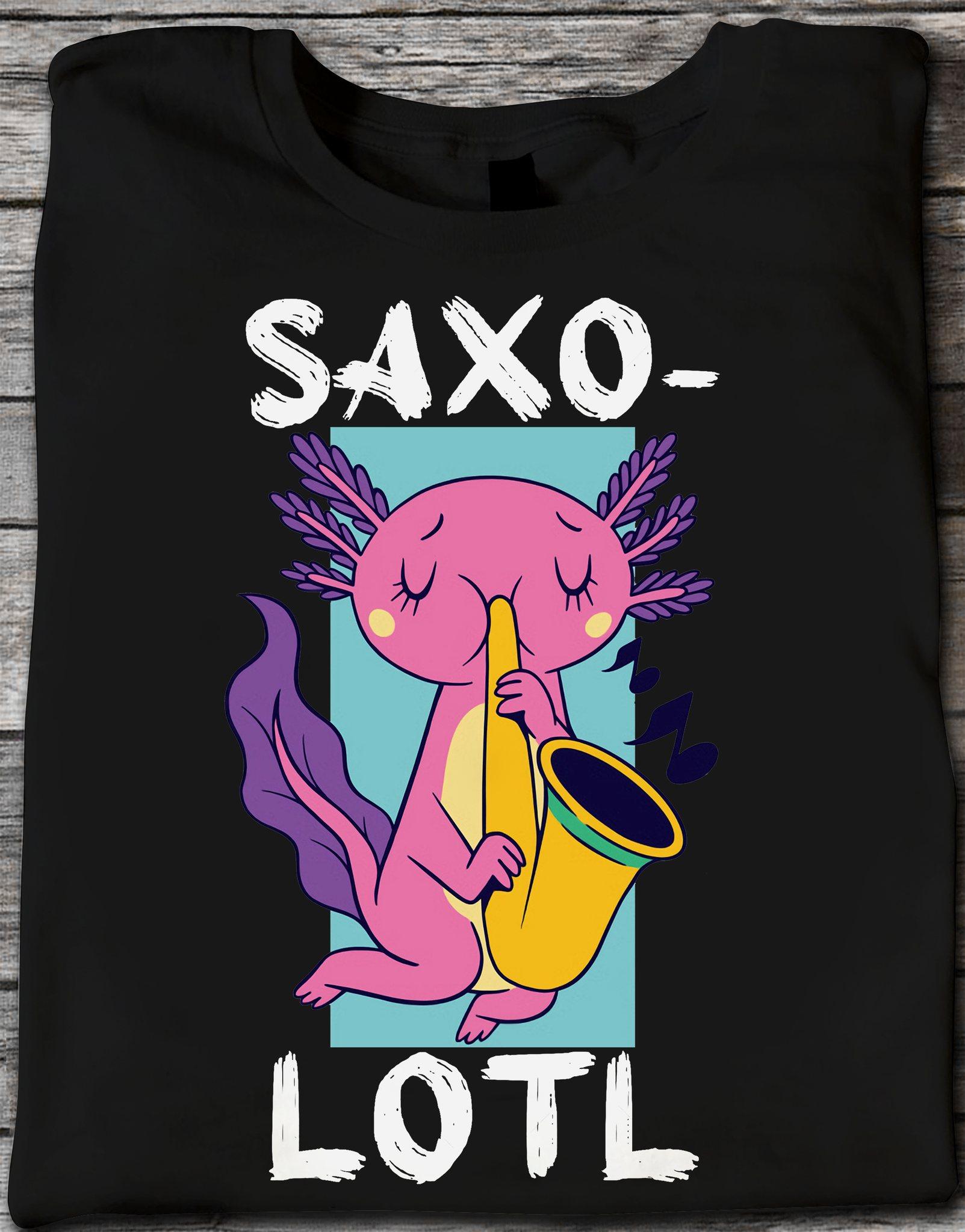 Saxolotl playing saxophone - Axolotl dragon, Mexico Axolotl