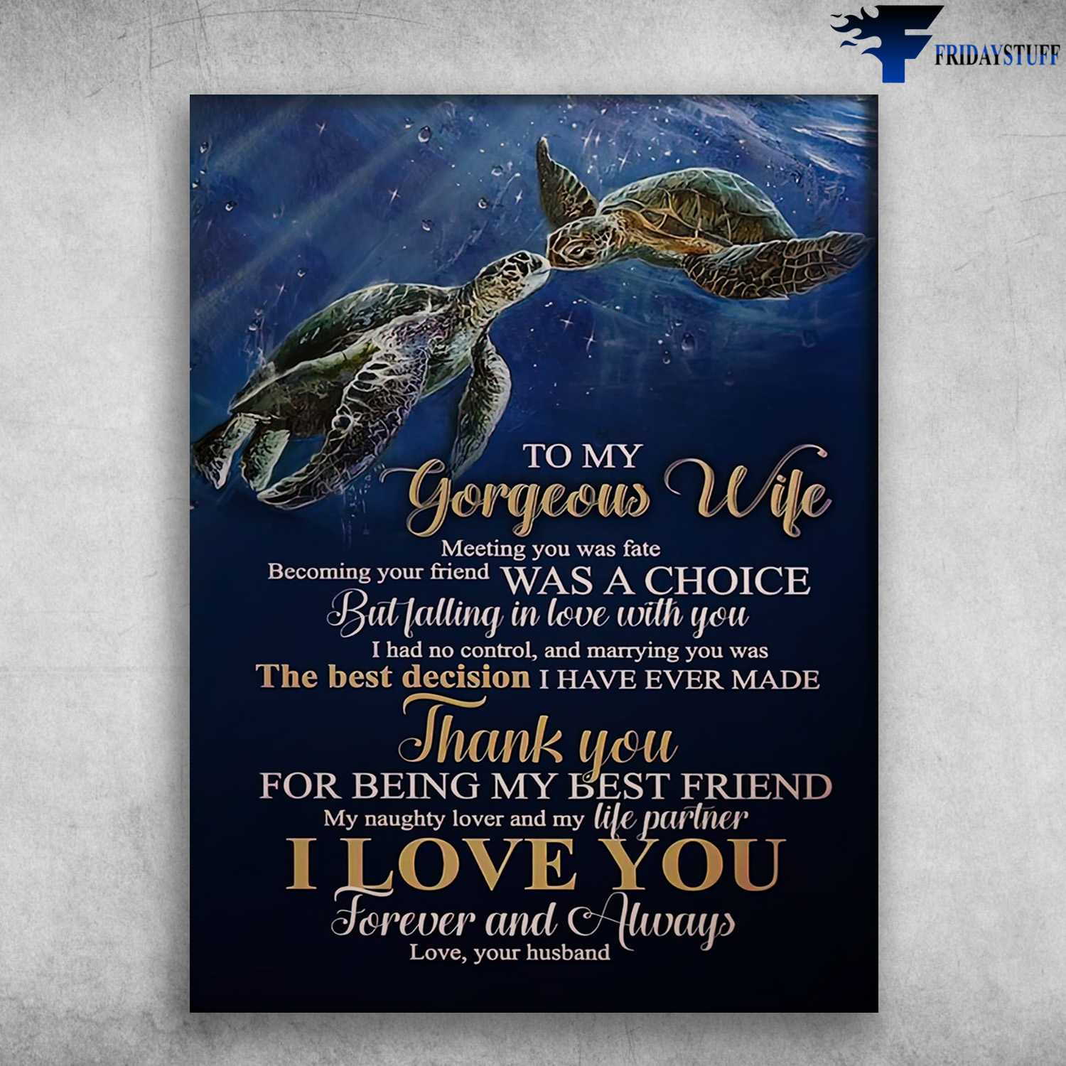 Turtle Poster, Husband And Wife - To My Gorgeous Wife, Meeting Was Fate, Becoming Your Friend Was A Chouce, But Falling In Love With You