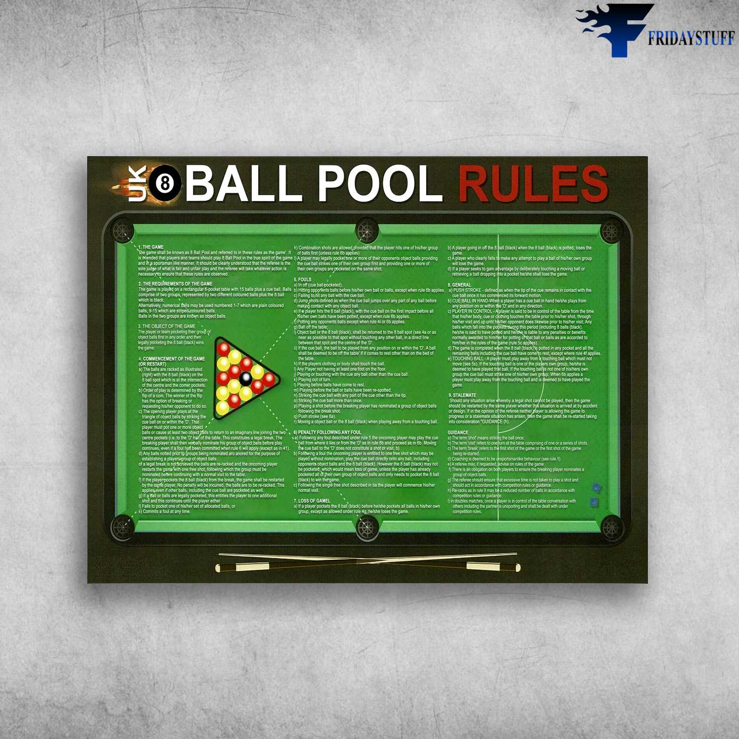 UK 8 Ball Pool Rules, Billiards Rules, Billiards Poster FridayStuff