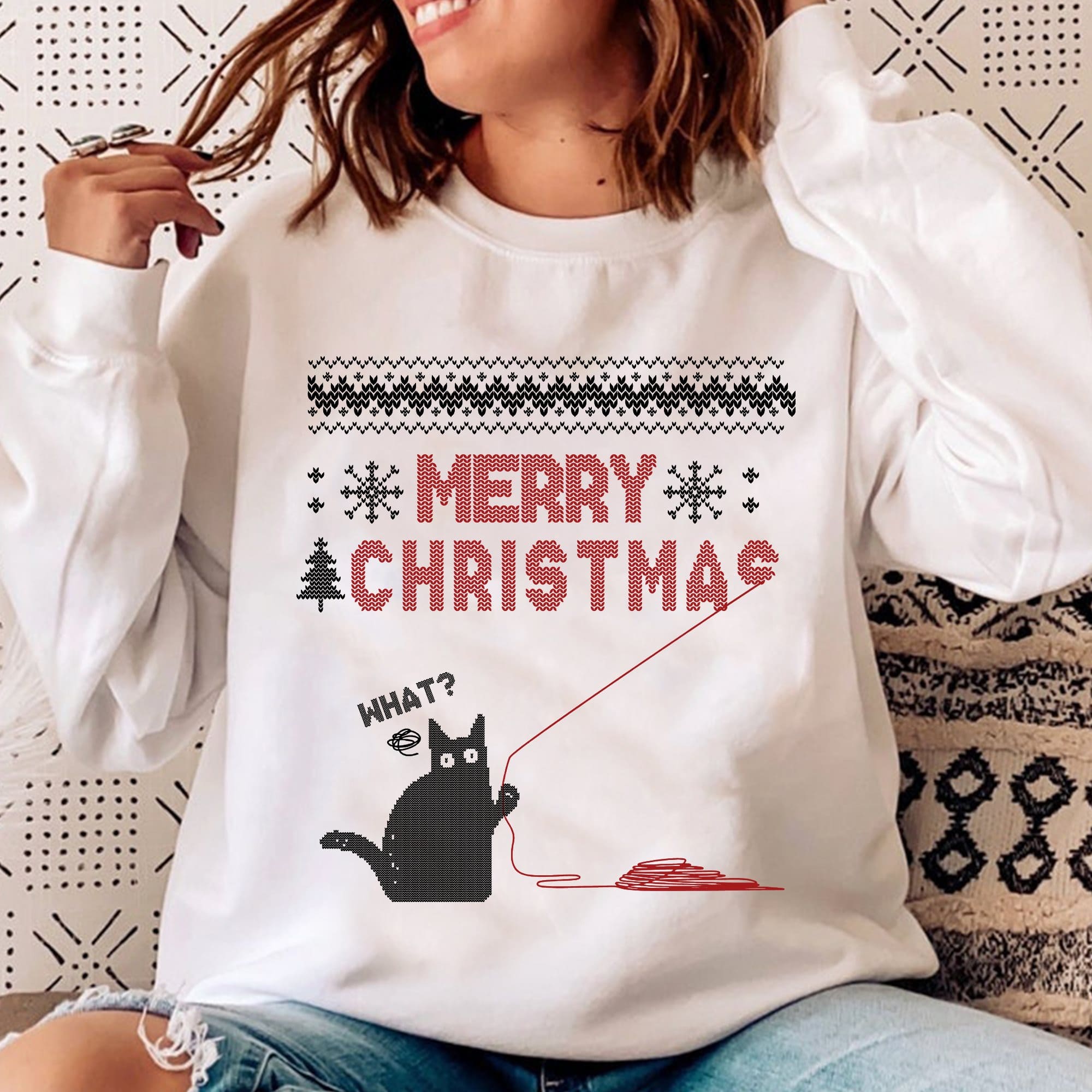 Naughty Black Cat Ugly Christmas Sweater - Merry Christmas