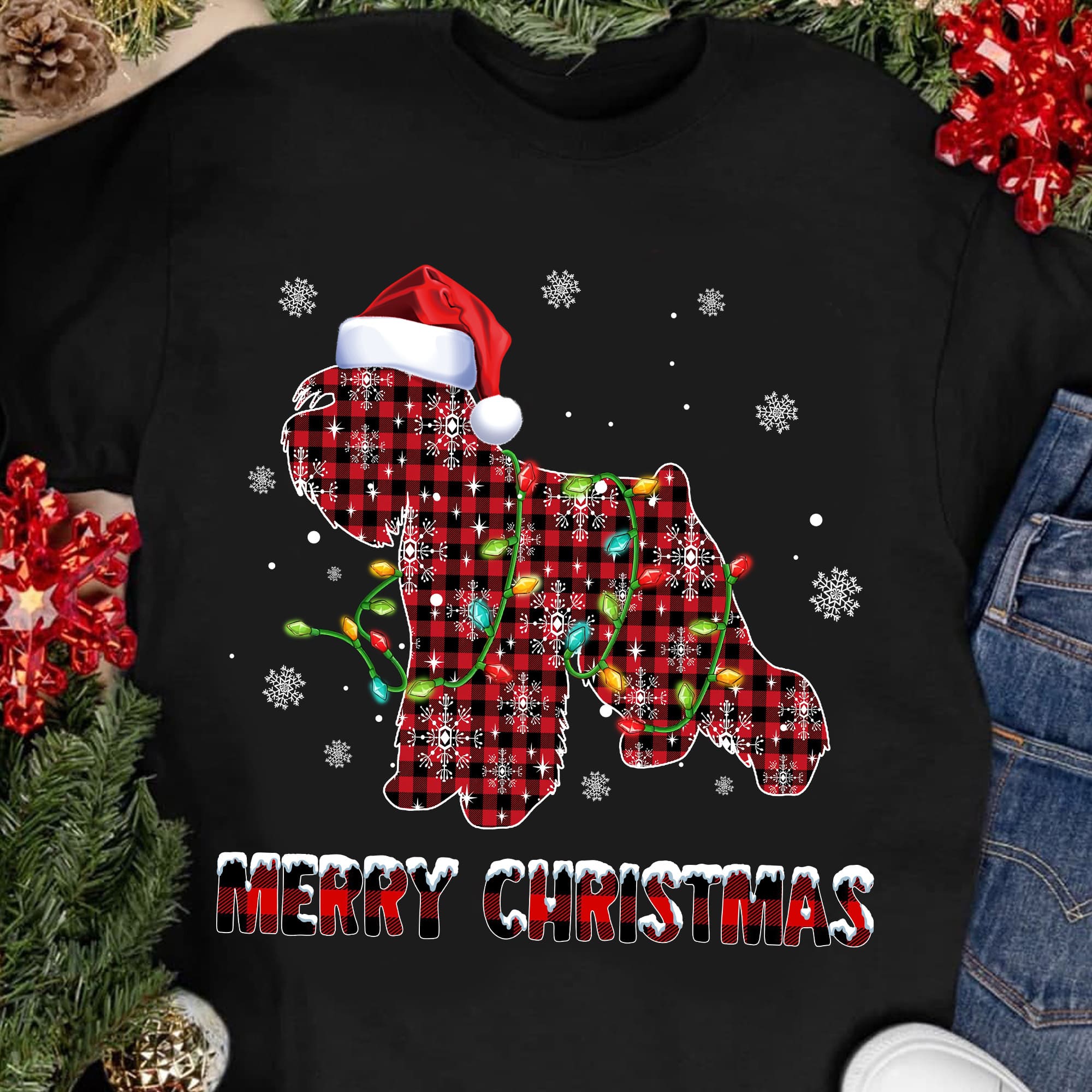 Funny Xmas Lighting ​Santa Hat Schnauzer Christmas Shirt Ugly Christmas Sweater