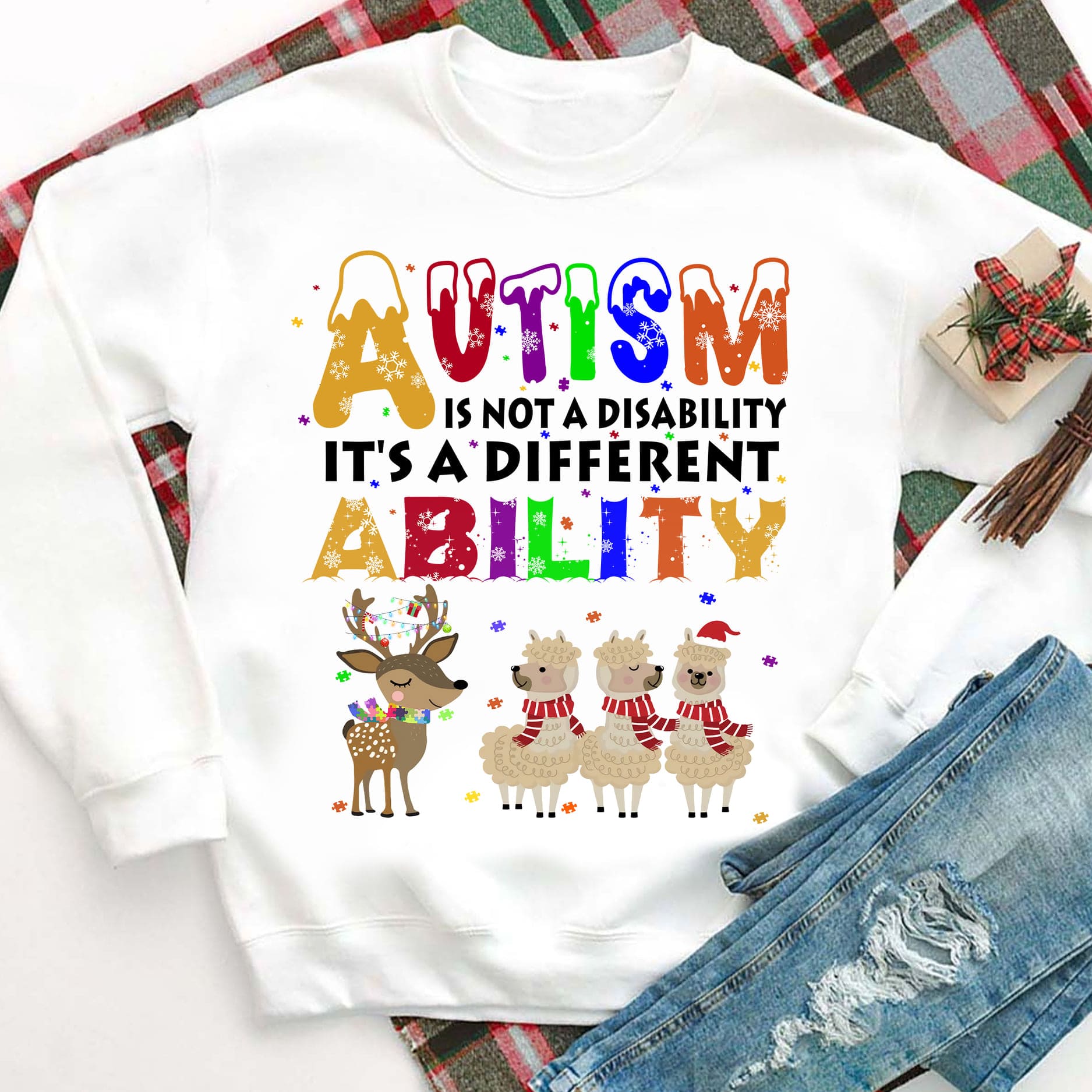 Reindeer Alpaca Autism Awareness Merry Xmas - Autism is not a disability it's a different ability