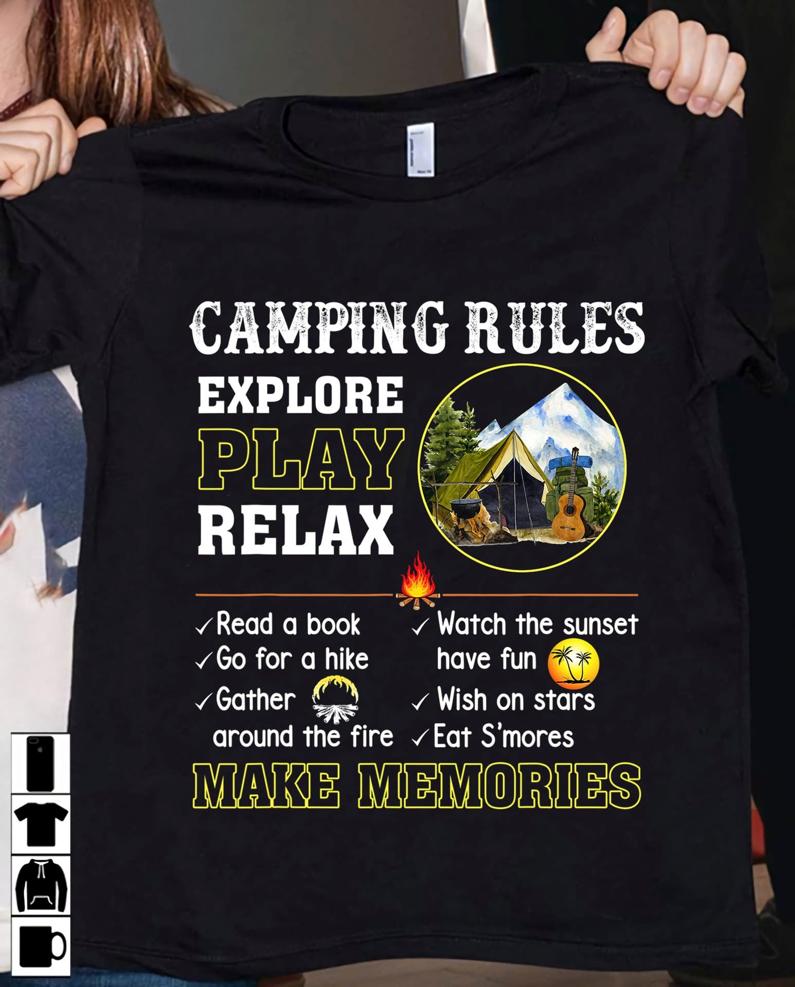Camping rules explore play relax - Read a book Go for a hike Gather around the fire Watch the sunset have fun