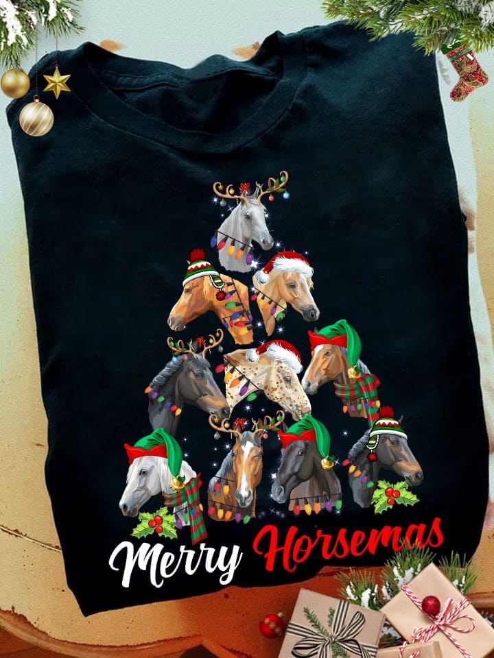 Merry Horsemas - Horse Wear Hat Santa and Elf and Reindeer christmas tree