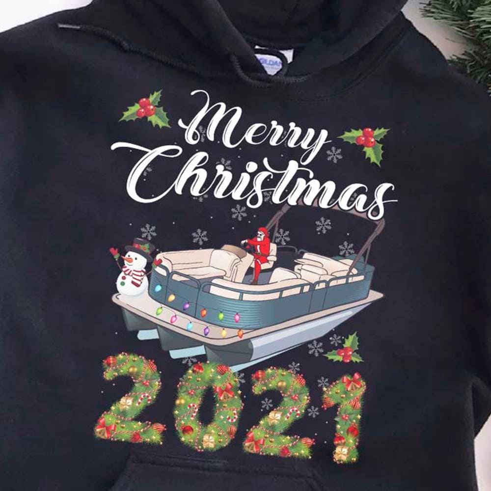 Santa Claus Driving Pontoon Snowman Christmas Lights - Merry Christmas 2021