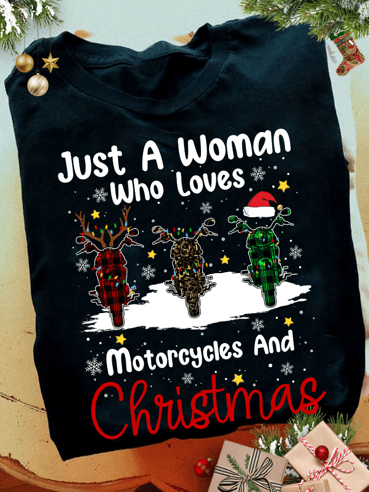 Motorcycles Santa Hat Christmas Light Ugly Sweater - Just a woman who loves motorcycles and christmas