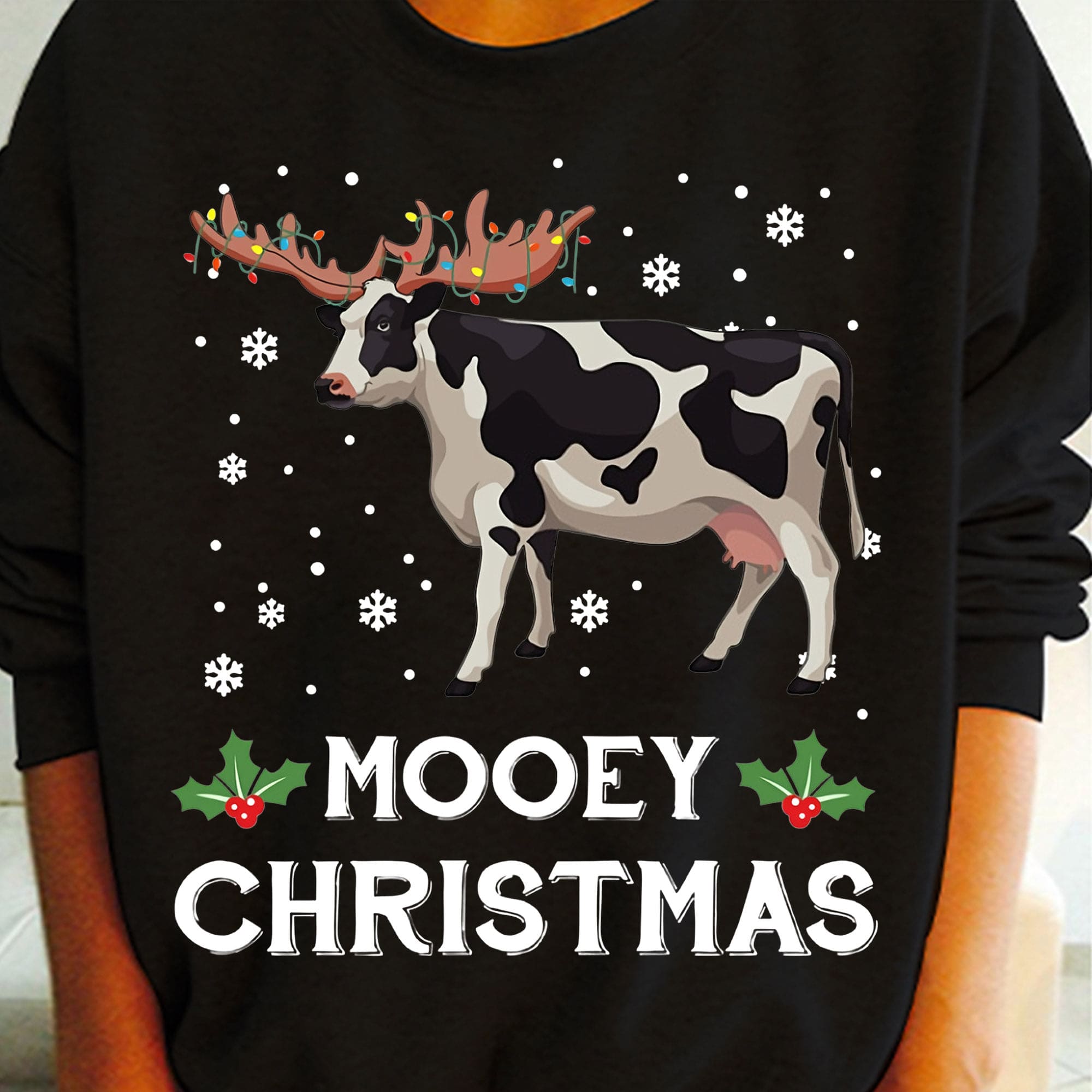 Reindeer Horse Christmas Lights Cow Sweater - Mooey Christmas