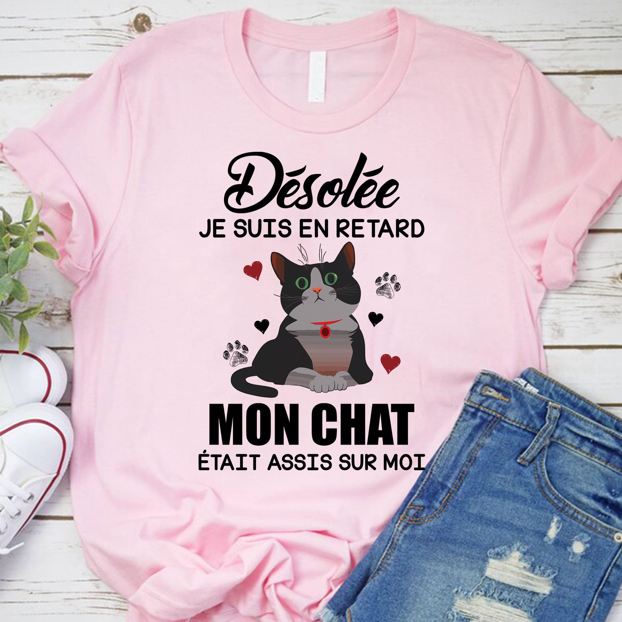 Cute Cat Graphic T-shirt - Desolee je suis en retard mon chat etait assis sur moi