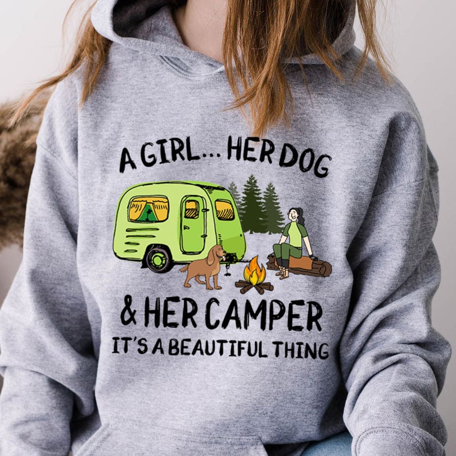 A girl her dog and her camper - Camping with dogs, recreational vehicle for camping