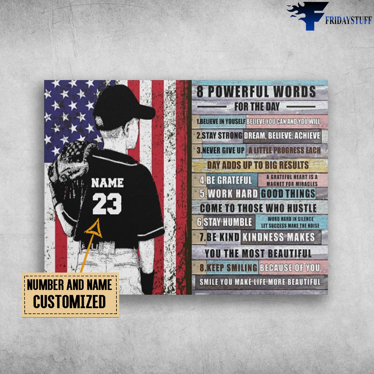 Baseball Poster, American Baseball, 8 Powerful Words For The Day, Believe In Yourself, Stay Strong, Never Give Up, Be Grateful, Work Hard, Stay Humble, Be Kind, Keep Smiling