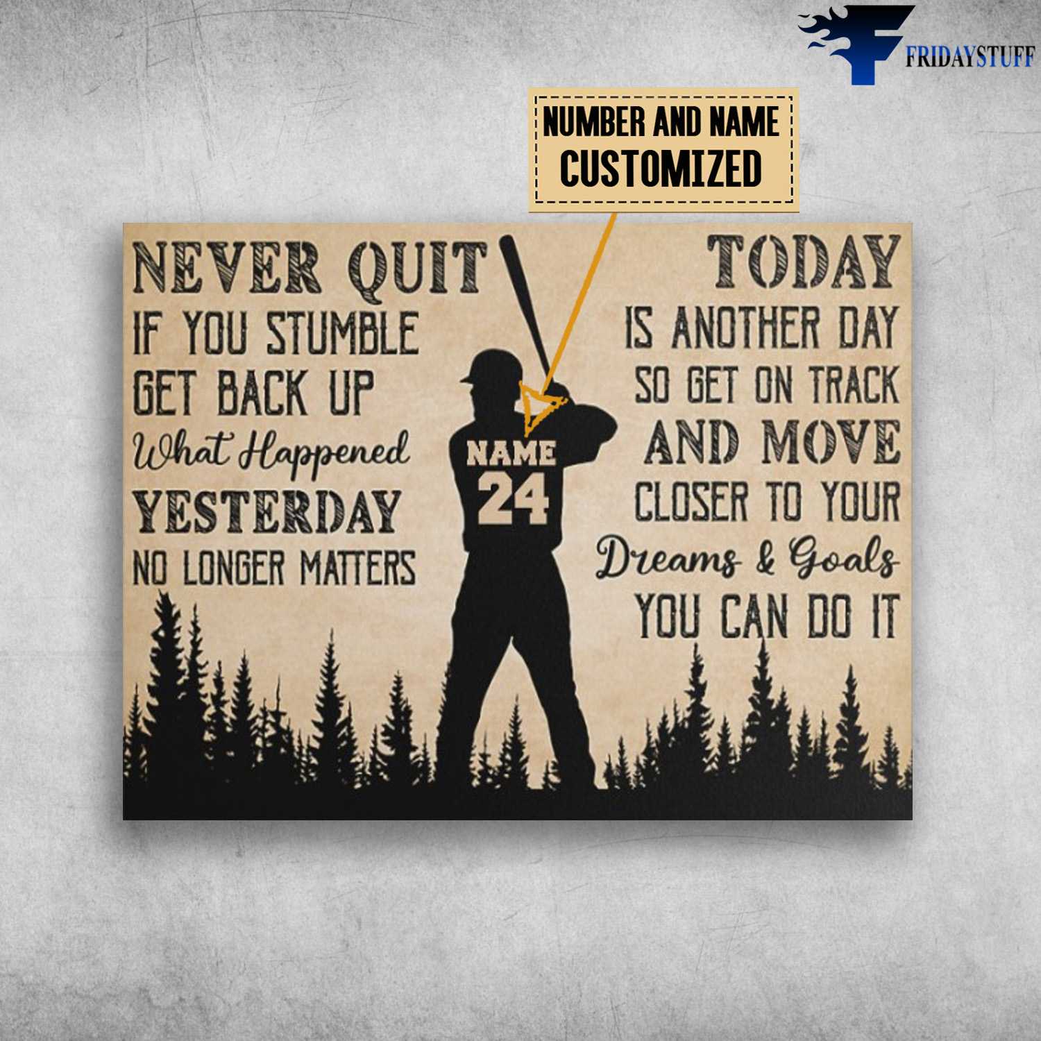 Baseball Poster, Baseball Lover, Never Quit, If You Stumble, Get Back Up, What Happened Yesterday, No Longer Matters
