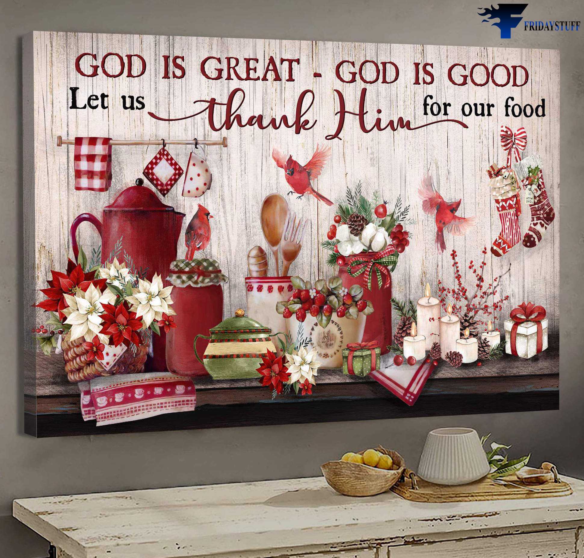 Cardinal Bird, Wall Poster Decor, God Is Great, God Is Good, Let Us Thank Him, For Our Food