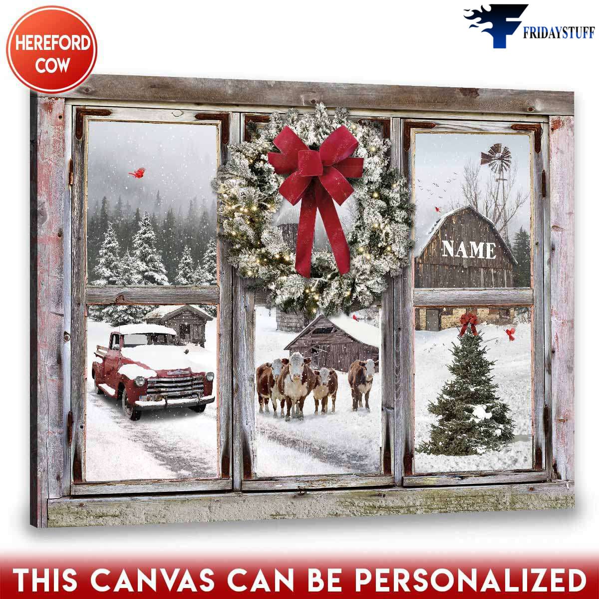 Christmas Poster, Winter Farm, Cardinal Bird, Farm Truck, Farm Cow, Window Poster