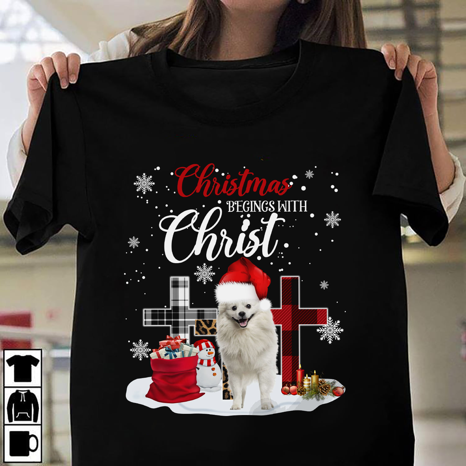 Christmas begin with Christ - White Pomeranian dog, Christmas day ugly sweater